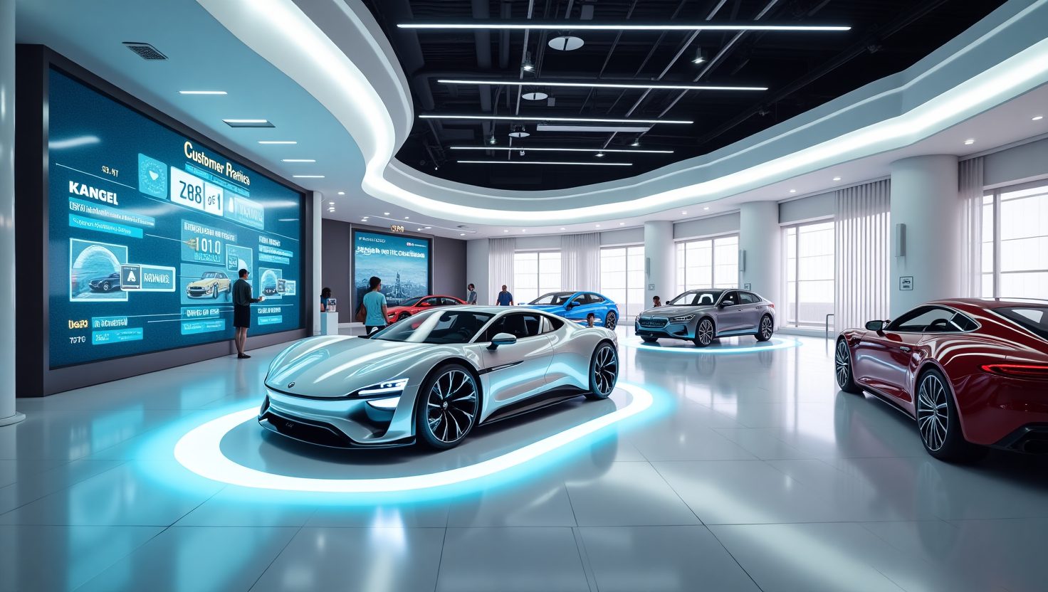 A futuristic car dealership featuring visible AI technology. Modern interior with AI interface at customer service, digital displays, and AI-driven interaction points.