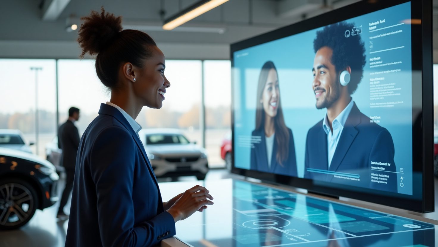 Customer interacting with AI voice agent in a car dealership